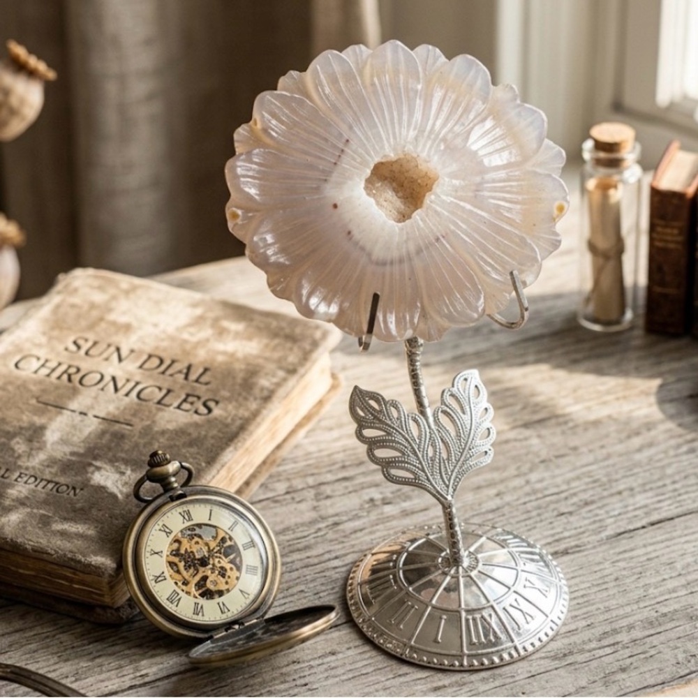 Natural Druzy Agate Flower Crystal wOrnate Silver Leaf Stand Unique Crystal Gift